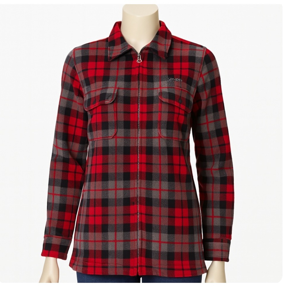 Lauren Ralph Lauren Shirt Fleece Shacket Full Zip Plaid Red Gray Black Size S